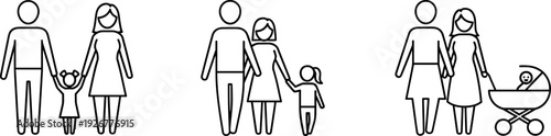 Simple line art icons depicting family units with children and a baby stroller