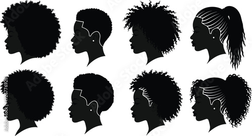 Silhouette vector illustration of diverse natural Black hairstyles in side profile, showcasing afros, curls, braids, ponytails, and cultural hair identity