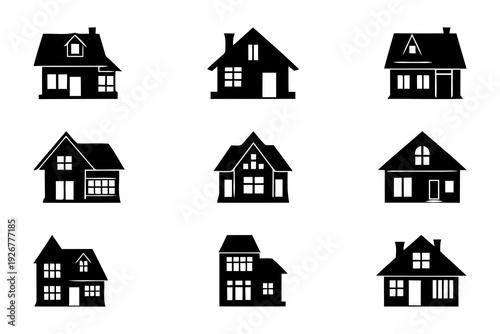 Set of house silhouette icons in flat vector style. Collection of residential home symbols isolated on white background for real estate, property, UI design, and web interface use