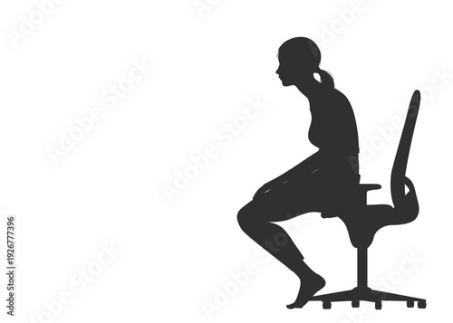 猫背 骨盤前傾の悪い姿勢で椅子に座る女性のシルエット 全身横向き 横顔