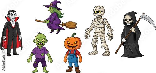 Halloween Character Vector Set with Vampire, Witch, Zombie, Mummy, Grim Reaper, and Pumpkin Costume Cartoon Illustrations