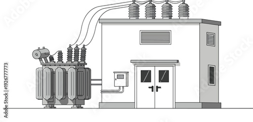 Silhouette vector illustration of electrical substation transformer with bushings, cooling fins, high-voltage cables, and building housing switchgear for power distribution