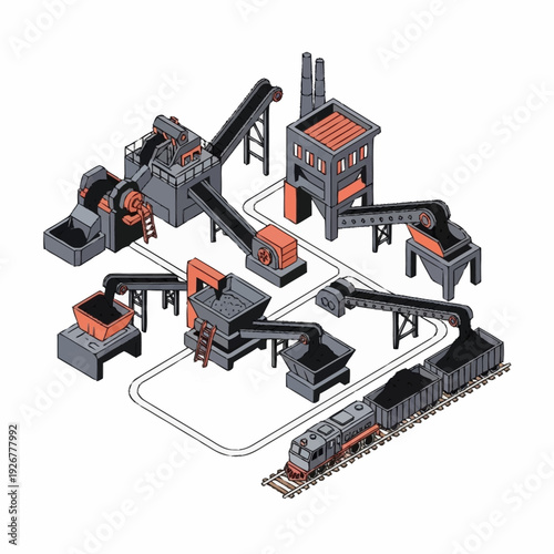 Industrial Coal Processing Plant with Train and Conveyors.