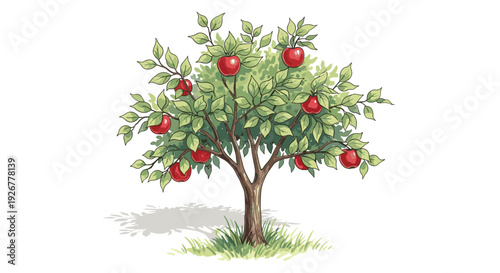 Hand Drawn Apple Tree Illustration with Ripe Red Fruits, Isolated Botanical Garden Plant Clipart on White Background
