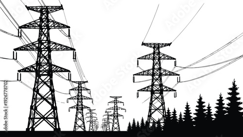 Silhouette Vector Illustration of High Voltage Electrical Transmission Towers and Power Lines Stretching Across a Forest Landscape for Energy Infrastructure and Industrial Utility Design