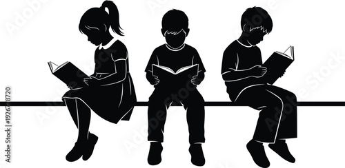 Silhouette vector illustration of three children reading books while sitting on a bench, promoting literacy, education, learning, and childhood knowledge development