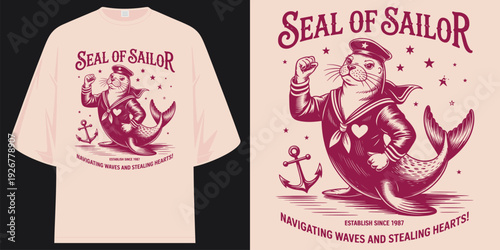 seal of sailor est 1987 navigating waves stealing hearts cute nautical ocean animal badge t shirt design vector illustration artwork
