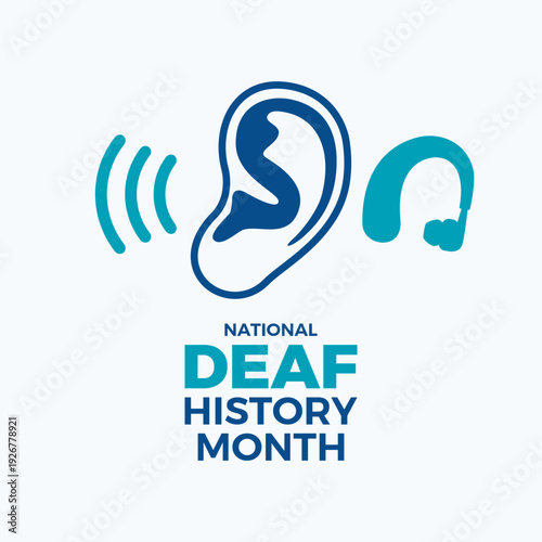 National Deaf History Month poster vector illustration. Human ear and hearing aid icon. Listening ear symbol. Template for background, banner, card. Important day