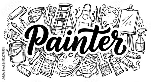 Painter Lettering with Hand-Drawn Art Tools and Supplies Doodle Illustration