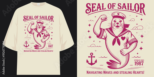 seal of sailor est 1987 navigating waves stealing hearts cute nautical ocean animal badge t shirt design vector illustration artwork
