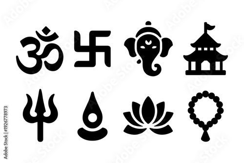 Silhouette symbols of hinduism featuring om, ganesha, lotus, and more
