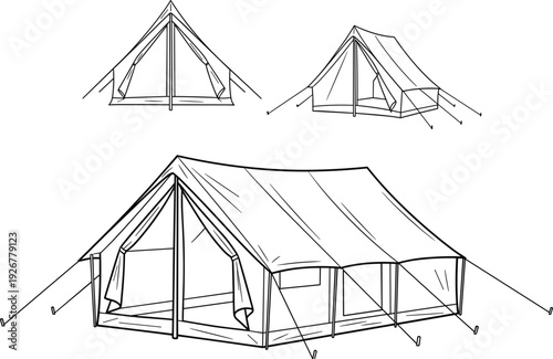 Hand drawn camping tent set with different angles detailed outdoor shelter black outline vector illustration