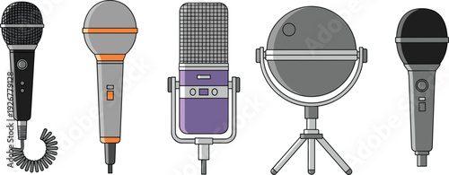 Microphone collection set with studio handheld and retro audio recording equipment vector illustration