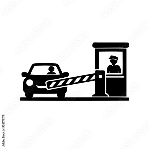 A black and white illustration of a car approaching a toll booth.