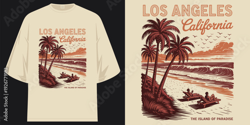 los angeles california the island of paradise vintage tropical beach palm trees sunset t shirt design vector illustration artwork