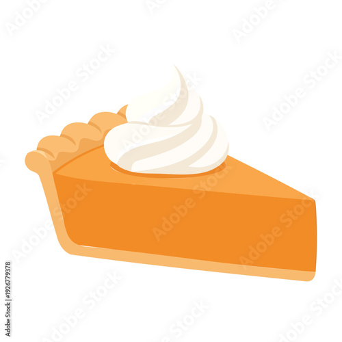 A slice of pumpkin pie topped with whipped cream on a white background, viewed from the side.