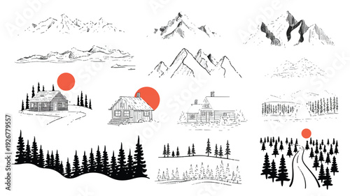 Collection of mountain landscapes and cabins with trees and sun