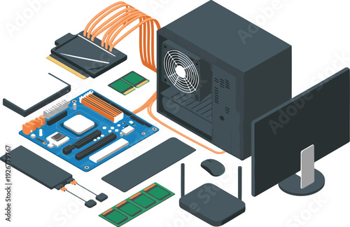 Isometric PC Build Line Icon Collection  Gaming Setup and Internal Hardware Elements
