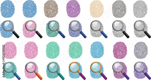 Fingerprint Identification Vector Set Featuring Biometric Scan Icons with Magnifying Glass for Security, Forensics, Authentication, and Digital Identity Design Concepts
