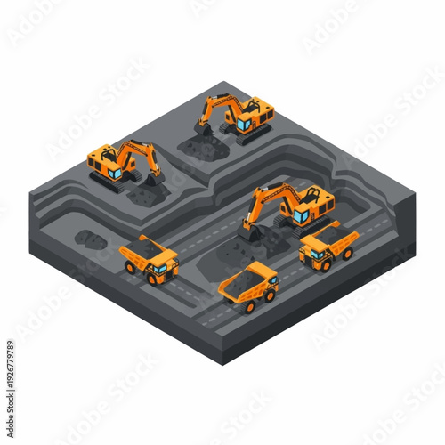 Isometric Excavators and Dump Trucks on Construction Site.