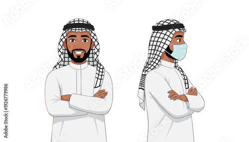 Cartoon man in traditional white robe with and without medical face mask vector illustration