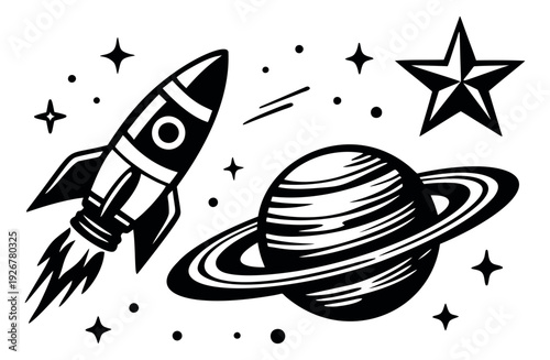Bold line art space elements set featuring a rocket, a ringed planet, and stars for kids' projects