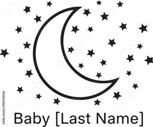 Adorable moon and stars baby name sign design perfect for nursery decor, baby room wall art, and personalized gifts.