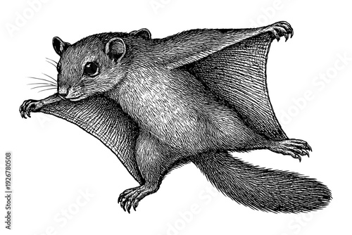 Detailed hand-drawn flying squirrel in mid-air with textured fur