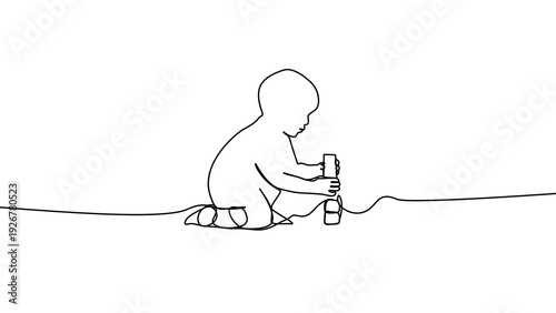 Minimalist one drawing line art of a boy playing