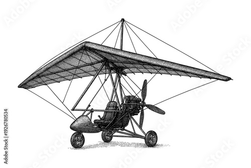 Detailed hand drawn microlight aircraft on white background