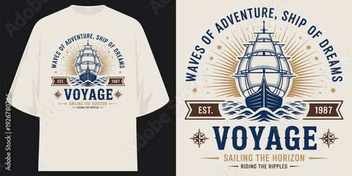 waves of adventure ship of dreams voyage sailing the horizon est 1987 vintage nautical ship t shirt design vector illustration artwork