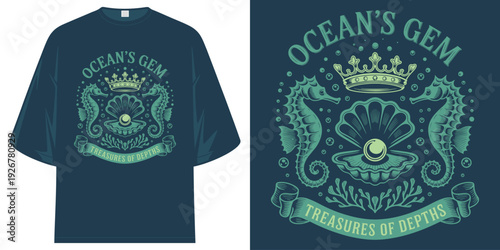 ocean's gem treasures of depths seahorse pearl shell vintage nautical sea life illustration t shirt design vector illustration artwork
