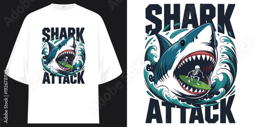 shark attack surfing skeleton oceanic predator wave graphic vintage streetwear apparel print t shirt design vector illustration artwork
