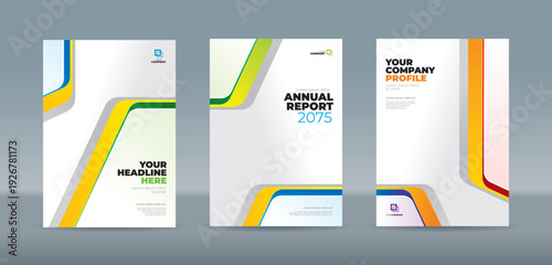 Minimalist cover template featuring sleek orange and blue chevron geometric lines on a clean white background. A4 size book cover template for annual report, magazine, booklet, proposal, portfolio