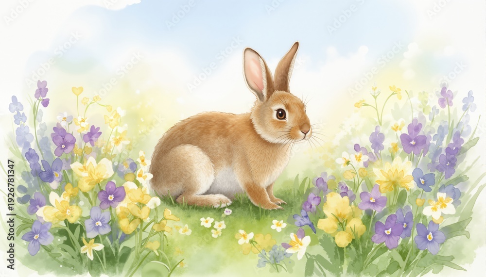 Obraz premium Watercolor rabbit spring animals bunny in flowers 
