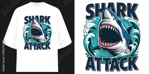 shark attack great white predator oceanic wave graphic typography vintage streetwear apparel t shirt design vector illustration artwork
