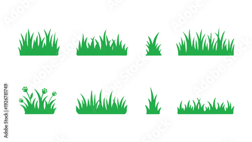 Collection of various green grass silhouettes for design and decoration purposes on white background