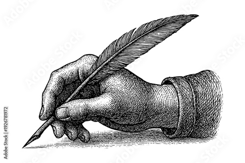 Vintage hand holding quill pen in detailed engraving style drawing