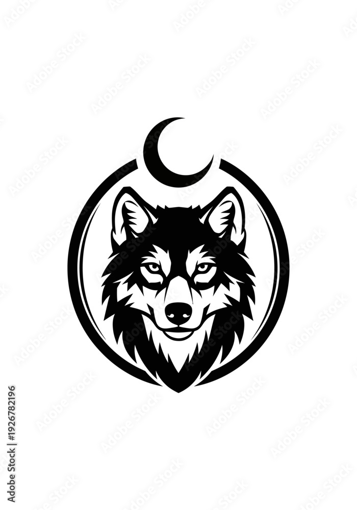 Fototapeta premium Black and white wolf head emblem with crescent moon vector illustration