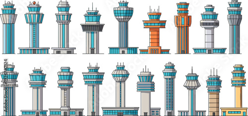 Air Traffic Control Tower Vector Set Featuring Airport Navigation Buildings for Aviation Management, Transportation Infrastructure, Radar Operations, and Travel Design Projects