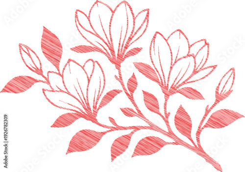 Beautiful Magnolia Floral Scribble Embroidery Vector