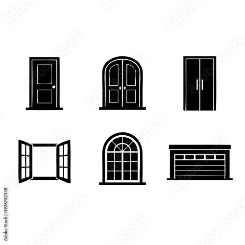 A collection of six different types of doors and windows in a simple black and white illustration