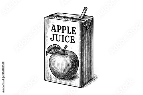 Vintage engraved apple juice box with leaf design and straw
