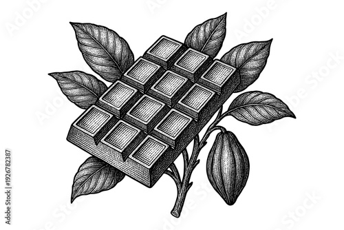 Vintage chocolate bar with cocoa pod and leaves in engraved style