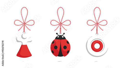 Traditional Martisor spring talisman vector set with red and white string and ladybug charm