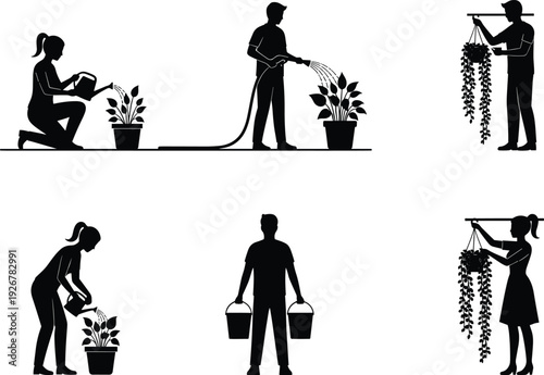 Set of gardener silhouettes watering potted plants with cans and hoses, people gardening and carrying buckets, horticulture vector illustration, isolated