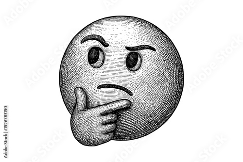 Intricate hand-drawn thinking emoji with crosshatch texture and pensive expression