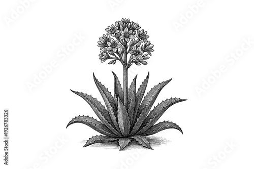 Vintage botanical drawing of aloe plant with blossoms in black and white