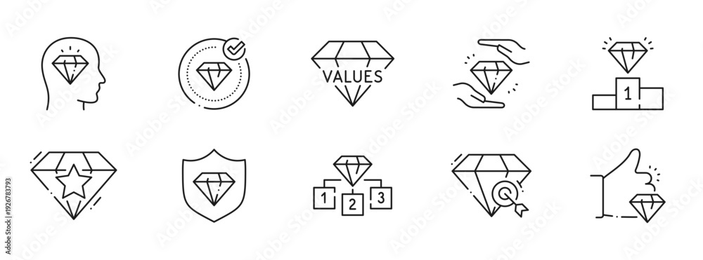 Fototapeta premium Clean outline icon set illustrating values, ethics, integrity, trust, quality, excellence, leadership, teamwork, recognition, reward, achievement, success, performance, culture, innovation