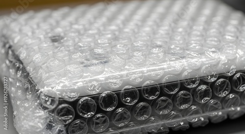 Bubble wrap packaging material on a surface viewed from a low angle